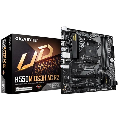 Gigabyte GA-B550M-DS3H-AC-R2, Micro-ATX, AMD AM4, 4xDDR4, 2xM.2, 4xSATA 6Gb/s, RAID, 3xPcie, 1xHDMI, 1xDP, Gbe LAN, Wireless AX+Bluetooth, 4 x USB 3.2, 2 x USB 2.0, 3 Year Warranty