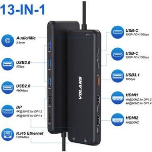 Volans VL-UCH2P, Aluminum 13-in-1 Triple Display USB-C Hub, 100W, 2xHDMI, 1xDP, 1xRJ-45, 2xUSB-C, 4xUSB3.1, 2xUSB2.0, 1x3.5mm Audio Jack, 1 Year Warranty