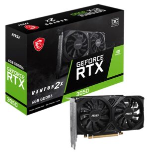 MSI GEFORCE RTX 3050 VENTUS 2X 6G OC, Nvidia GeForce RTX 3050, 6GB GDDR6, Core Clock: 1492MHz, Cuda Core: 2304, 2xHDMI, 1xDP, PSU: 300W, PCIe4.0, 3 Year Warranty
