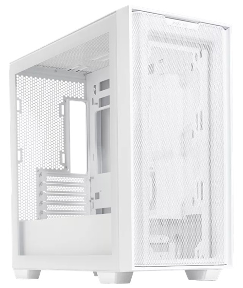 ASUS A21 White Micro ATX Case, Tempered Glass Side Window, No PSU, 2x USB 3.2, HD Audio, Mesh Front Panel