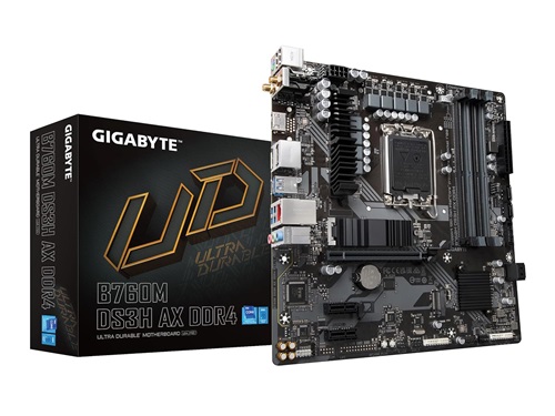 Gigabyte GA-B760M-DS3H-AX-DDR4, Micro-ATX Intel LGA 1700 m-ATX Motherboard, 4x DDR4 ~128GB, 1x PCI-E x16, 1x PCI-E x1, 2x M.2, 4x SATA, 3x USB 3.2, 2x USB 2.0, 3 Year