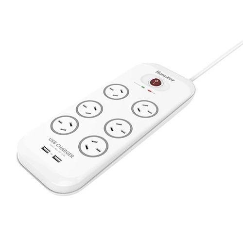 HuntKey PSUHUNSAC607, 6 Outlet Surge Protected Powerboard, 2 Meter with Dual USB Ports, 5V, 2.4A, 1 Year Warranty