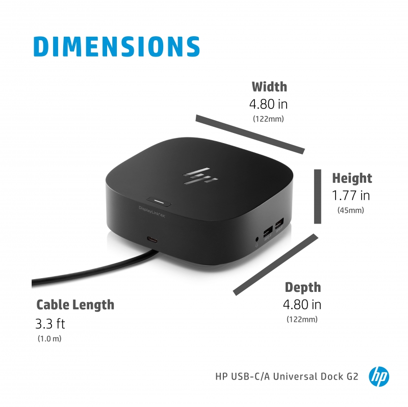 HP 5TW13AA, USB-C/A Universal G2 Dock, 100W, 1xHDMI, 2xDP, 1xRJ-45, USB, Wired, Black, 1 Year Warranty - Image 19