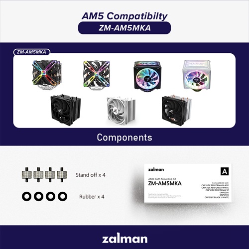 Zalman ZM-AM5MKA, AMD AM5 Kit for Zalman CPU Air Cooler Fans, Stand Off x4, Rubber x4, 1 Year Warranty