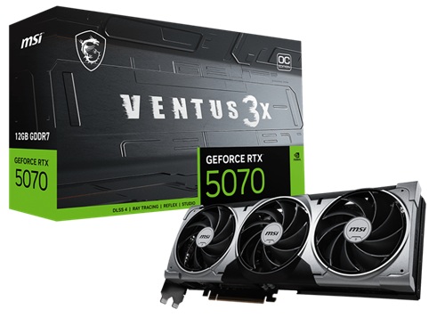 MSI GeForce RTX 5070 12G VENTUS 3X OC, Nvidia GeForce RTX 5070, 12GB GDDR7, Core Clock: 2557MHz, Cuda Core: 6144, 1xHDMI, 3xDP, PSU: 650W, PCIe5.0, 3 Year Warranty