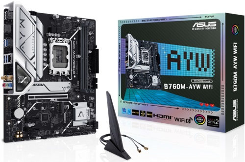 Asus B760M-AYW WIFI, mATX, Intel LGA 1700, 2xDDR5, 2xM.2+4xSATA 6Gb/s, RAID, 3xPCIe, 1xHDMI, GbE LAN, Wireless AX+Bluetooth, 4xUSB3.0, 2xUSB2.0, 3 Year Warranty
