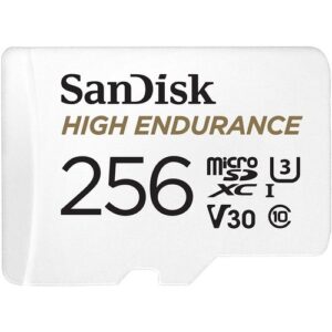 SanDisk SDSQQNR-256G-GN6IA, High Endurance 256GB microSD 100MB/s 40MB/s 20K hrs 4K UHD C10 U3 V30 -40°C to 85°C Heat Freeze Shock Temperature Water X-ray Proof SD Adapter, 2 Year Warranty