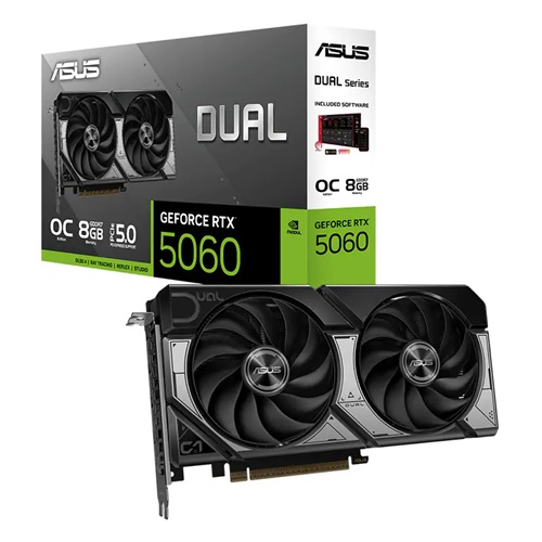 Asus DUAL-RTX5060-O8G, Nvidia GeForce RTX 5060 8G OC, 8GB GDDR7, Core Clock: 2565MHz, Cuda Core: 3840, 1xHDMI, 3xDP, PSU: 550W, PCIe5.0, 3 Year Warranty