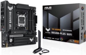 ASUS TUF GAMING B850M-PLUS WIFI MBD, Micro ATX, AMD5, 4x DDR5, 3x M.2, 4x SATA 6Gbps, 1x PCIe 5.0 x16, DisplayPort 1.4, HDMI 2.1, Wireless6E+Bluetooth, 1x USB-C, 7x USB-A,3 Year Warranty