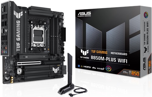 ASUS TUF GAMING B850M-PLUS WIFI MBD, Micro ATX, AMD5, 4x DDR5, 3x M.2, 4x SATA 6Gbps, 1x PCIe 5.0 x16, DisplayPort 1.4, HDMI 2.1, Wireless6E+Bluetooth, 1x USB-C, 7x USB-A,3 Year Warranty
