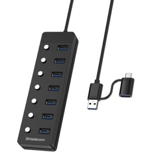 Simplecom CH375C, USB-A and USB-C to 7-Port USB 3.0 Hub, 5Gbps, Individual Switches and Power Adapter, 1 Year Warranty
