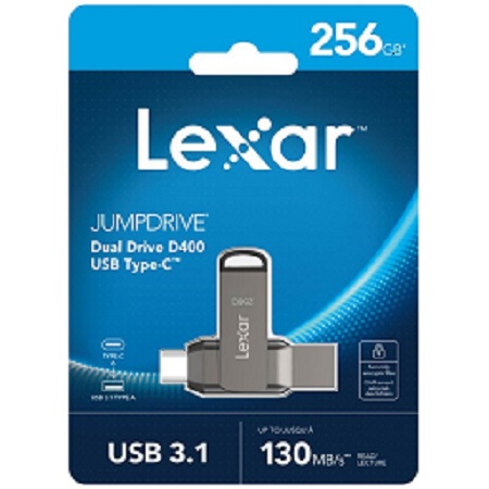 Lexar LJDD400256G-BNQNG, JumpDrive D400, Titanium, 256GB, USB3.1 Type-A and Type-C, Read Speed: Up to 130MB/s, 5 Year Warranty