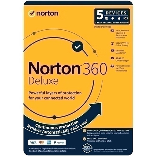Norton 21441488, 360 DELUXE 50GB AU 1 USER 5 DEVICE 12MO GENERIC ENR RSP DVDSLV GUM
