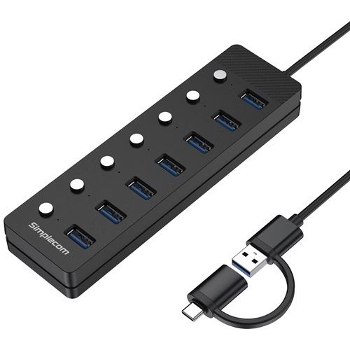Simplecom CH375C, USB-A and USB-C to 7-Port USB 3.0 Hub, 5Gbps, Individual Switches and Power Adapter, 1 Year Warranty - Image 3
