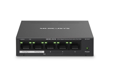 TP-Link MS105GP, Mercusys MS105GP 5-Port Gigabit Desktop Switch with 4-Port PoE+, 10/100/1000 Mbps RJ45 ports, Up to 250 m, 5 Year Warranty