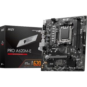 MSI PRO A620M-E, Micro ATX, AMD AM5, 2xDDR5, 1xM.2, 4xSATA 6Gb/s, RAID, 2xPCIe, 1xHDMI, 1xVGA, GbE LAN, 4xUSB3.0, 2xUSB2.0, 3 Year Warranty