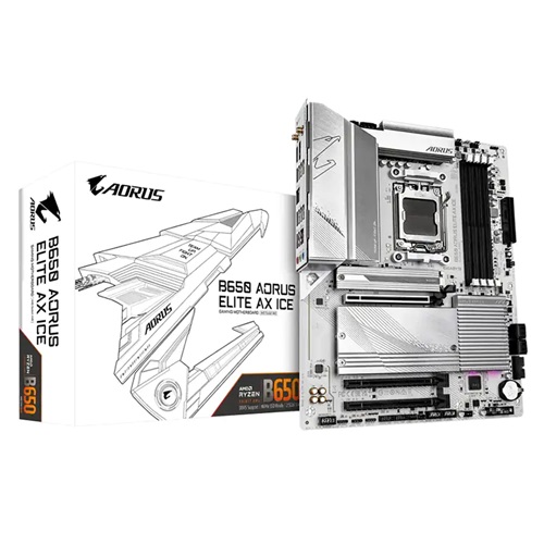 Gigabyte B650 A ELITE AX ICE 1.0, ATX, AMD AM5, 4xDDR5, 2xM.2, 4xSATA 6Gb/s, RAID, 3xPCIe, 1xHDMI, 1xDP, GbE LAN, Wireless AX+Bluetooth, 1xUSB-C, 7xUSB3.0, 4xUSB2.0, 3 Year Warranty