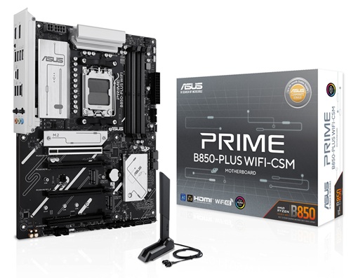 Asus PRIME B850-PLUS WIFI-CSM, ATX, AMD AM5, 4xDDR5, 3xM.2, 4xSATA 6Gb/s, SATA, 3xPCIe, 1xHDMI, 1xDP, Ethernet, Wireless AX+Bluetooth, 1xUSB-C, 7xUSBA, 3 Year Warranty