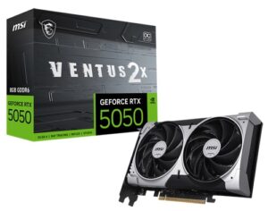 MSI GeForce RTX 5050 8G VENTUS 2X OC, Nvidia GeForce RTX 5050, 8GB GDDR6, Core Clock: 2617MHz, Cuda Core: 2560, 1xHDMI, 3xDP, PSU: 550W, PCIe5.0, 3 Year Warranty