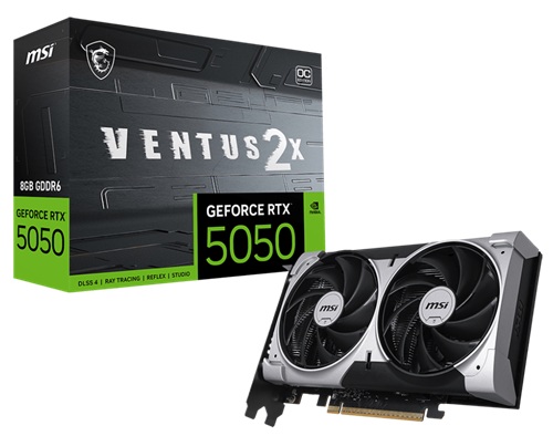 MSI GeForce RTX 5050 8G VENTUS 2X OC, Nvidia GeForce RTX 5050, 8GB GDDR6, Core Clock: 2617MHz, Cuda Core: 2560, 1xHDMI, 3xDP, PSU: 550W, PCIe5.0, 3 Year Warranty