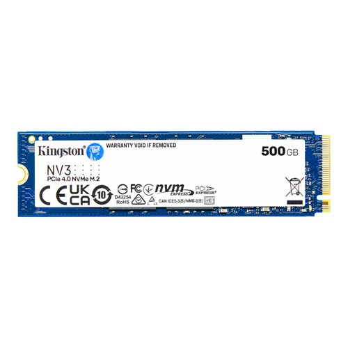 Kingston SNV3S/500G, NV3 M.2 2280 PCIe 4.0 NVMe SSD, 500GB, Read Speed: 5000MB/s, Write Speed: 3000MB/s, MTBF: 2,000,000 Hours, 3 Year Warranty