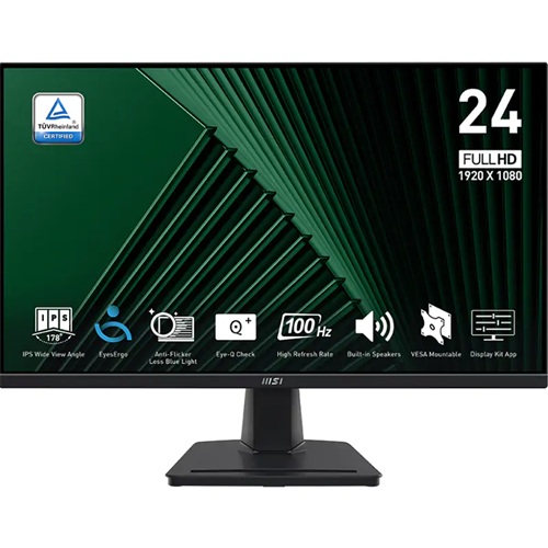 MSI Pro MP245G, 24" FHD 100Hz IPS Business Monitor, 1920x1080, 16:9, 1ms, 100Hz, Adaptive Sync, 1xHDMI 1xVGA 1xDP, Speakers, VESA,Tilt, 4 Year Warranty