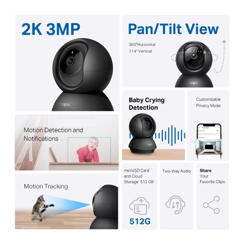 TP-Link TAPO C211, Pan/Tilt Home Security Wi-Fi Camera, 2K, 3MP, H.265, 850nm IR, Built-in microphone, 1 Camera System, Black, 2 Year Warranty - Image 2