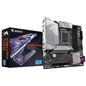 Gigabyte GA-B760M-AORUS-ELITE-AX, Micro-ATX, Intel LGA 1700, 4xDDR5, 2xM.2+4xSATA 6Gb/s, 2xPCIe, RAID, 1xHDMI, 1xDP, GbE LAN, Wireless AX+Bluetooth, 1xUSB-C, 4xUSB3.0, 4xUSB2.0, RGB, 3 Year Warranty