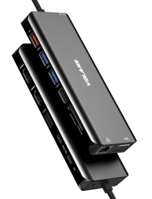 Volans VL-UCTDMH-S2, 14-in-1 USB-C Hub Compact Dock with 100W Power Delivery, Triple Display Support, 2xHDMI 2.0 (1x4K 60Hz, 1x4K 30Hz), 1xVGA, 3xUSB-C, 4xUSB-A, 3.5mm Combo Jack, GbE, SD/MicroSD Reader, 1 Year Warranty