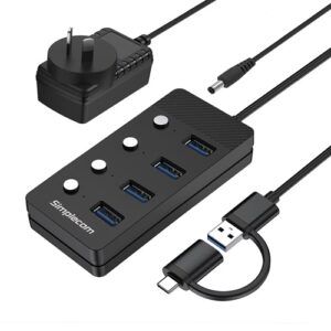 Simplecom CH345C SuperSpeed USB-A and USB-C to 4-Port USB 3.0 Hub 5Gbps Individual Switches and Power Adapter, 1 Year Warranty