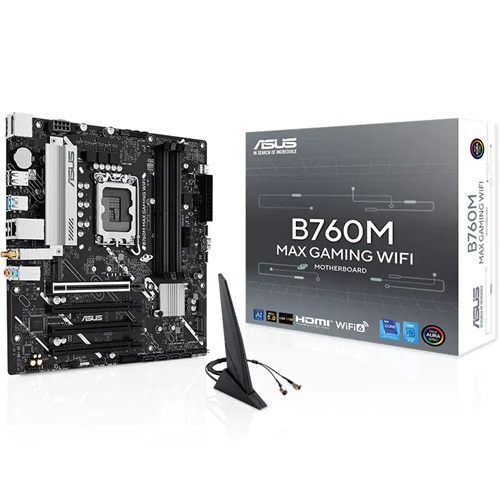 ASUS B760M MAX GAMING WIFI, Micro ATX, Intel LGA1700, 4xDDR5, 3x M.2, 4xSATA 6Gb/s, RAID, 4xPCIe, 1xHDMI, 1xDP, GbE LAN, Wireless AX+Bluetooth, 2xUSB-C, 6xUSB-A, 3 Year Warranty