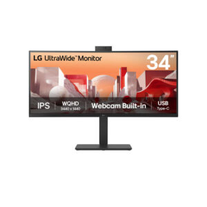 LG 34BA85QE-B, 34", USB-C Webcam Curved Monitor, WQHD IPS Screen, 3440x1440, 21:9, 5ms, 60Hz, 2xHDMI, 1xDP, USB, Speakers, VESA, Height Adjustable, Swivel, Tilt, 3 Year Warranty