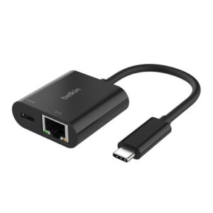 Belkin INC019BTBK, USB-C to Ethernet Charge Adapter, USB-C Power Delivery up to 100W, Ethernet 10/100/1000 Mbps, Black, 2 Year Warranty