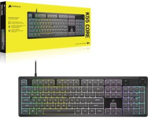 Corsair CH-9226D65-NA, K55 CORE RGB Grey Wired Gaming Keyboard, Rubber Dome Key Switches, Extended Full-size Layout, 10-Zone Dynamic RGB, Attached USB-A Cable Connectivity, Media Control Buttons, 12-Key Rollover, iCUE Software, 2 Year Warranty