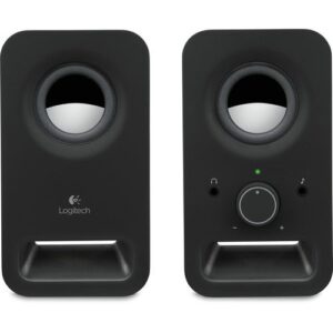Logitech 980-000862, Z150 Multimedia Speakers, Twin 2.0 dual input multimedia speakers, 6 watts peak power, headphone jack, Midnight Black, 2 Years