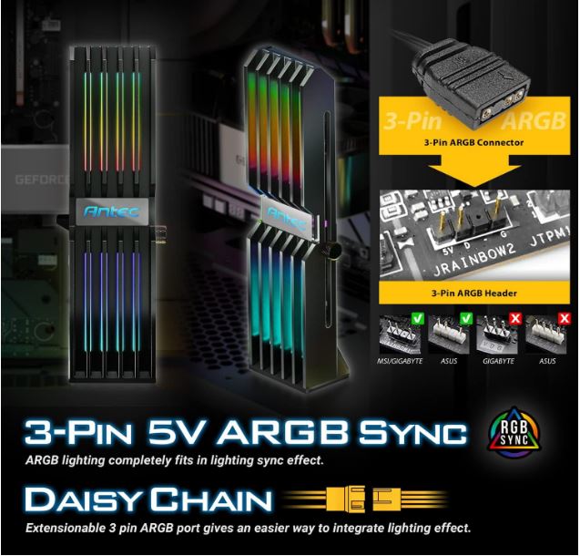 (LS)Antec RGB GPU Support Bracket, Graphics Card Holder, Addressable RGB 5V 3PIN RGB Connector. Black(LS) - Image 3