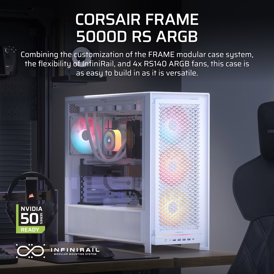 Corsair FRAME 5000D RS ARGB High-Airflow Mid-Tower PC Case - White, ATX, 450mm GPU, 175mm CPU cooler, 360mm rad, 4x RS140 ARGB, 1x USB-C 3.2 - Image 2