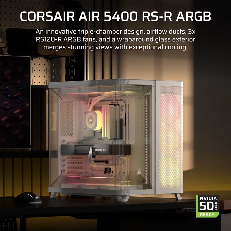 Corsair AIR 5400 RS-R ARGB Mid-Tower ATX Case - White, Triple-Chamber, 360mm Rad Support, Glass Panels, USB-C, ATX/E-ATX, 2x SSD, 1x HDD - Image 2