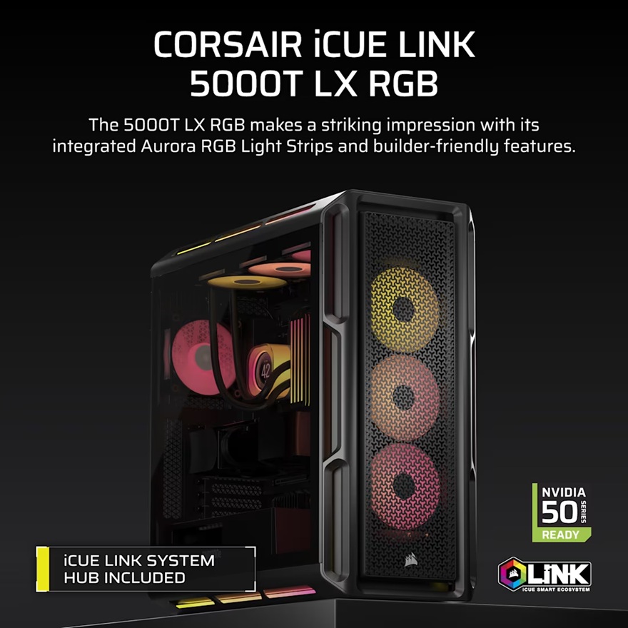 Corsair iCUE LINK 5000T LX RGB Mid-Tower High-Performance PC Case - Black, ATX, 450mm GPU, 170mm CPUcooler, 360mm rad, 3x LX120 RGB, 1x USB-C 3.2 Gen2 - Image 2