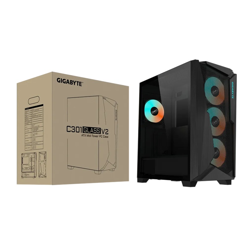Gigabyte C301V2 RGB Tempered Glass E-ATX Black Mid Tower Gaming Chassis 2x3.5' 2x2.5' 2xUSB3.0 Detachable Dust Filter Liquid Cooling PSU Standard ATX