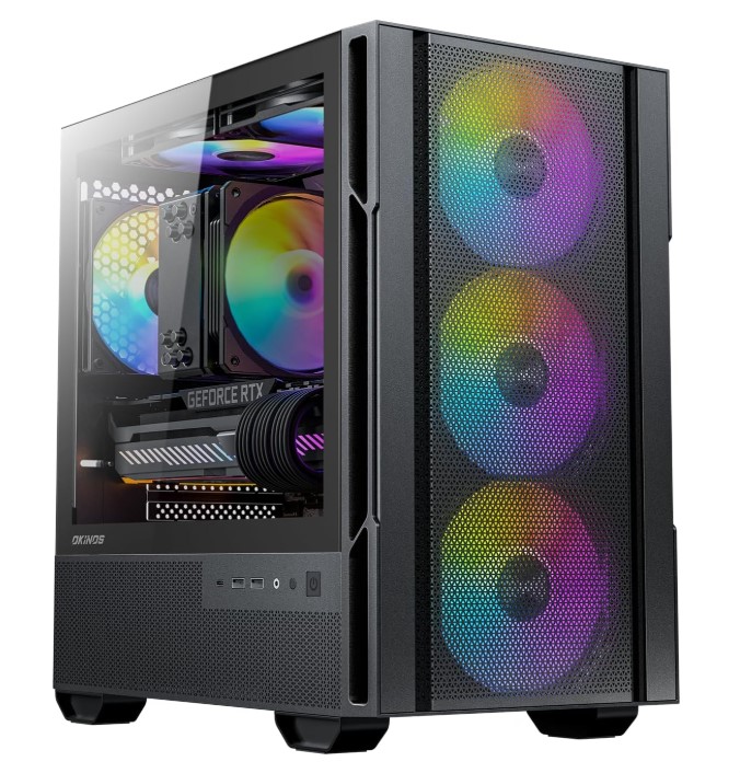 OKINOS Cypres 3 ARGB Micro ATX Case, 4 × 120mm ARGB Non-PWM Case Fans Pre-Installed, MATX PC Case, Temper Glass Side Panel, with Type-C, Black