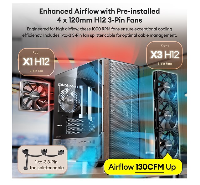 OKINOS Cypress 3 Genuine Walnut Wood MicroATX with 4×120mm, USB-C, 3 Pin Non-PWM Case Fans Pre-Installed,Temper Glass Side Panel, Case - Image 2