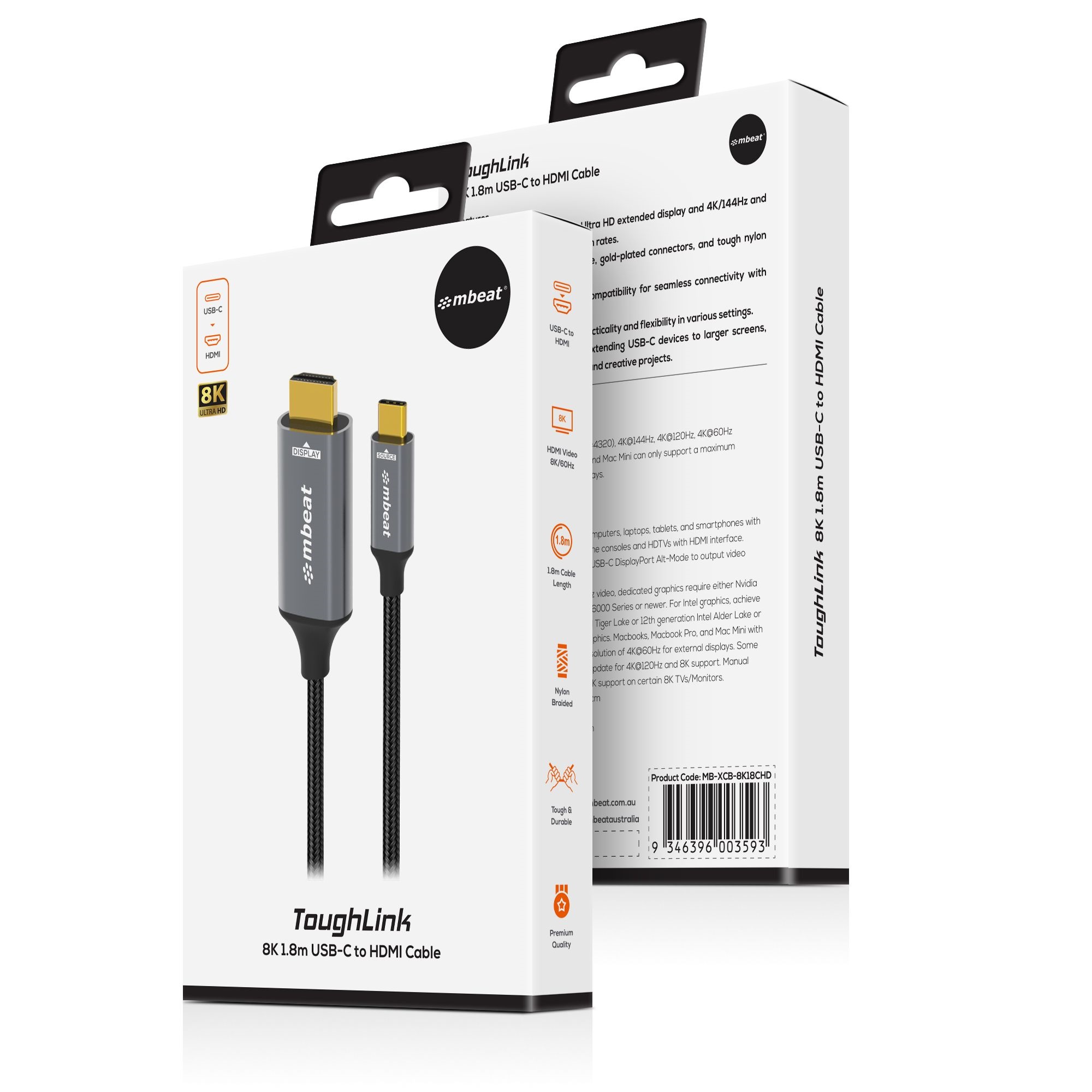 mbeat® Tough Link 8K 1.8m USB-C to HDMI Cable Host Interface: USB-C Output Interface: HDMI USBC-C HDMI Package Weight: 101.3g - Image 4