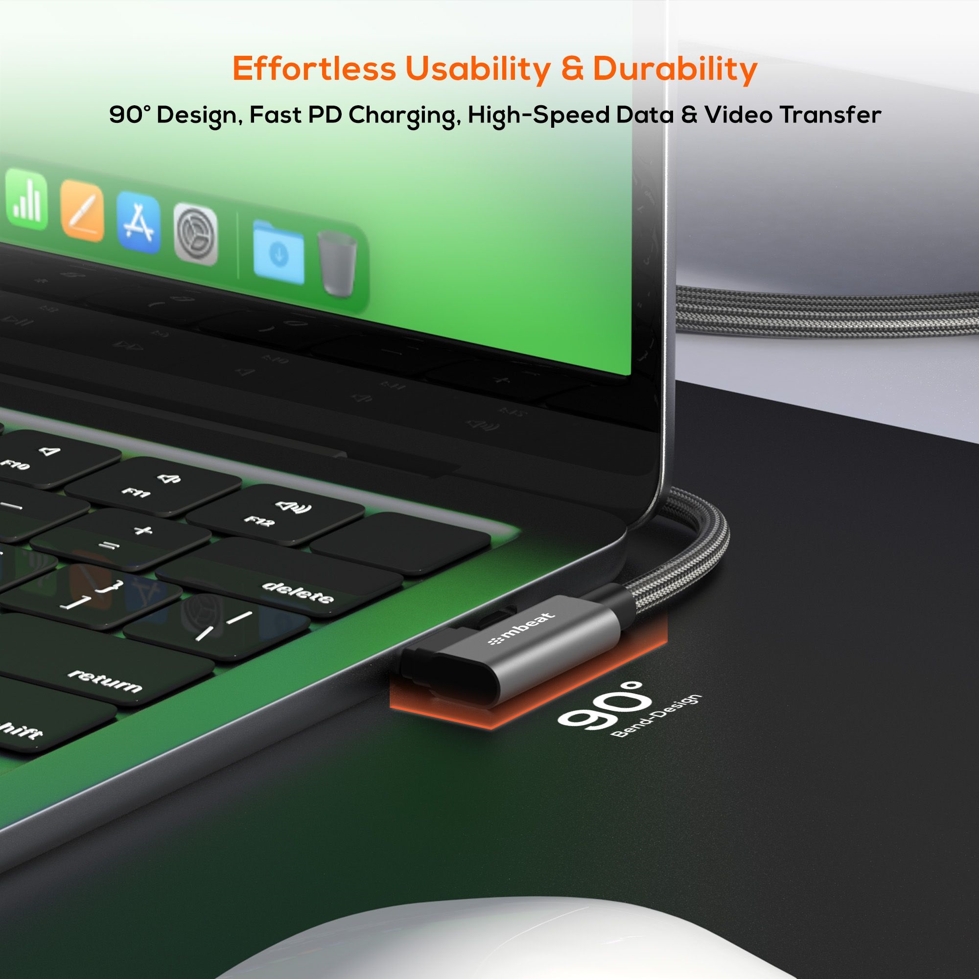 mbeat® Tough Link 1.8m L-Shape USB 3.2 Gen2 USB-C Cable - Space Grey Data Transfer Rate: Maximum 10Gbps Video Resolution: Maximum 4K/60Hz Weight 85g - Image 2