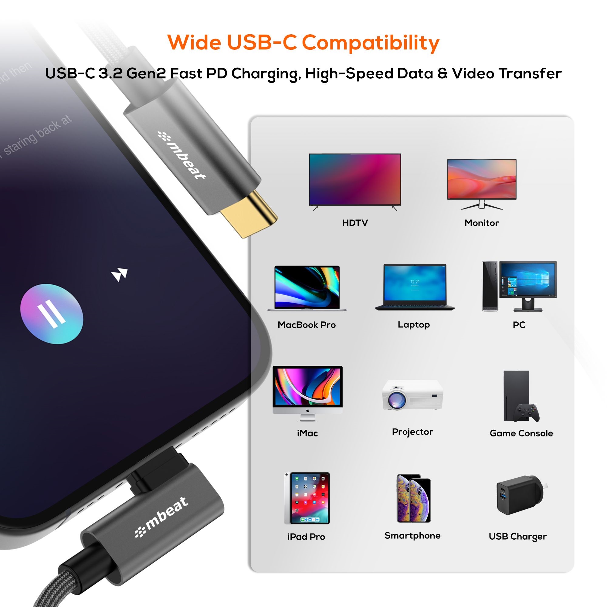 mbeat® Tough Link 1.8m L-Shape USB 3.2 Gen2 USB-C Cable - Space Grey Data Transfer Rate: Maximum 10Gbps Video Resolution: Maximum 4K/60Hz Weight 85g - Image 3