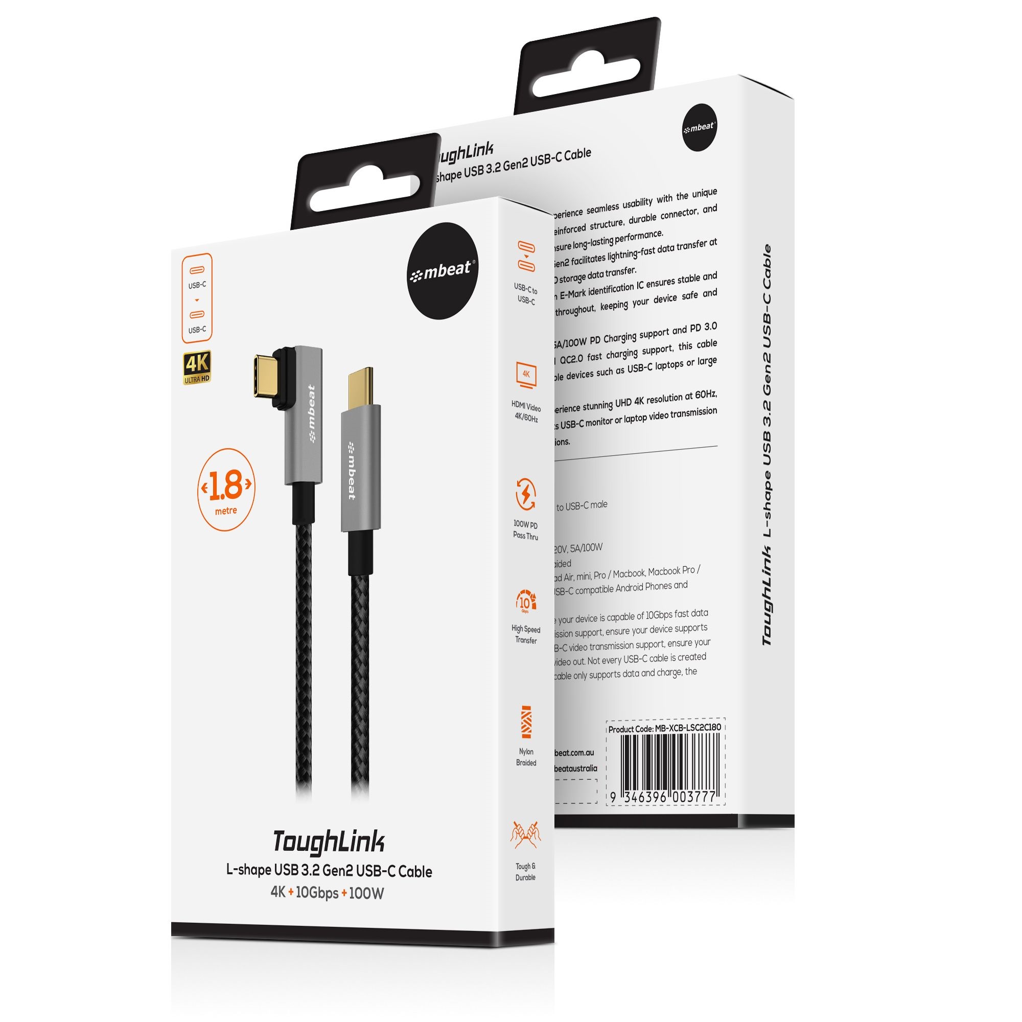 mbeat® Tough Link 1.8m L-Shape USB 3.2 Gen2 USB-C Cable - Space Grey Data Transfer Rate: Maximum 10Gbps Video Resolution: Maximum 4K/60Hz Weight 85g - Image 4