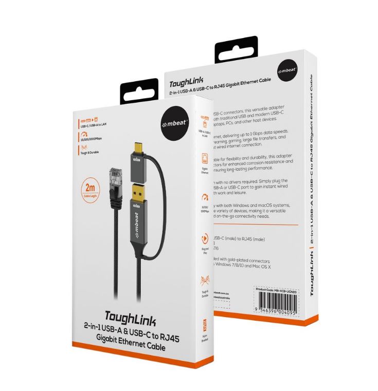 mbeat® Tough Link 2m USB & USB-C to RJ45 Ethernet Cable - Space Grey - Image 3