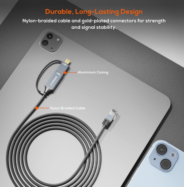 mbeat® Tough Link 3m USB & USB-C to RJ45 Ethernet Cable - Space Grey (LS) - Image 2