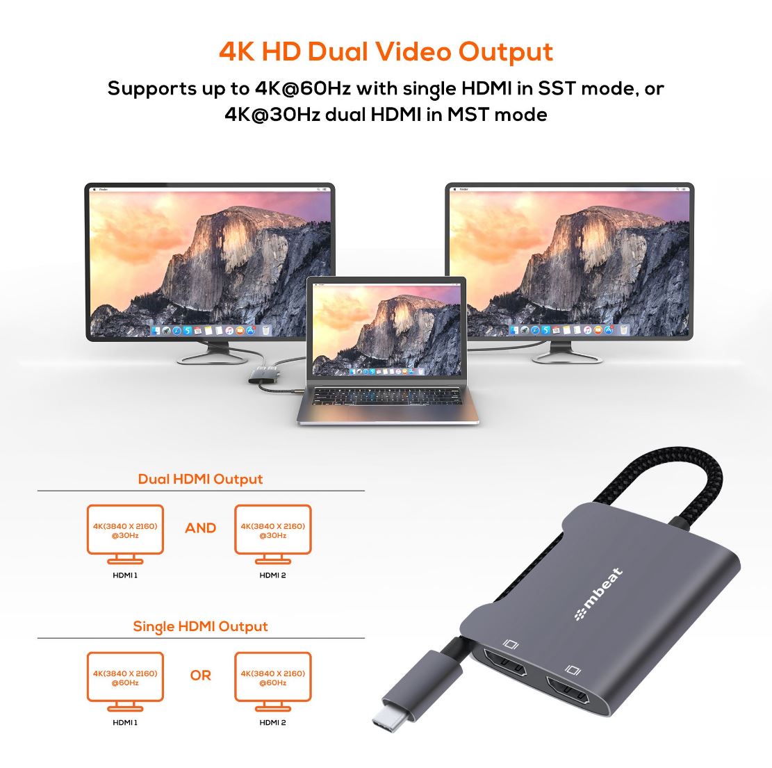 mbeat® Tough Link USB-C to Dual 4K HDMI Adapter DisplayPort Alt Mode HDMI USB-C Cable Legnth 17.5cm - Space Grey - Image 2