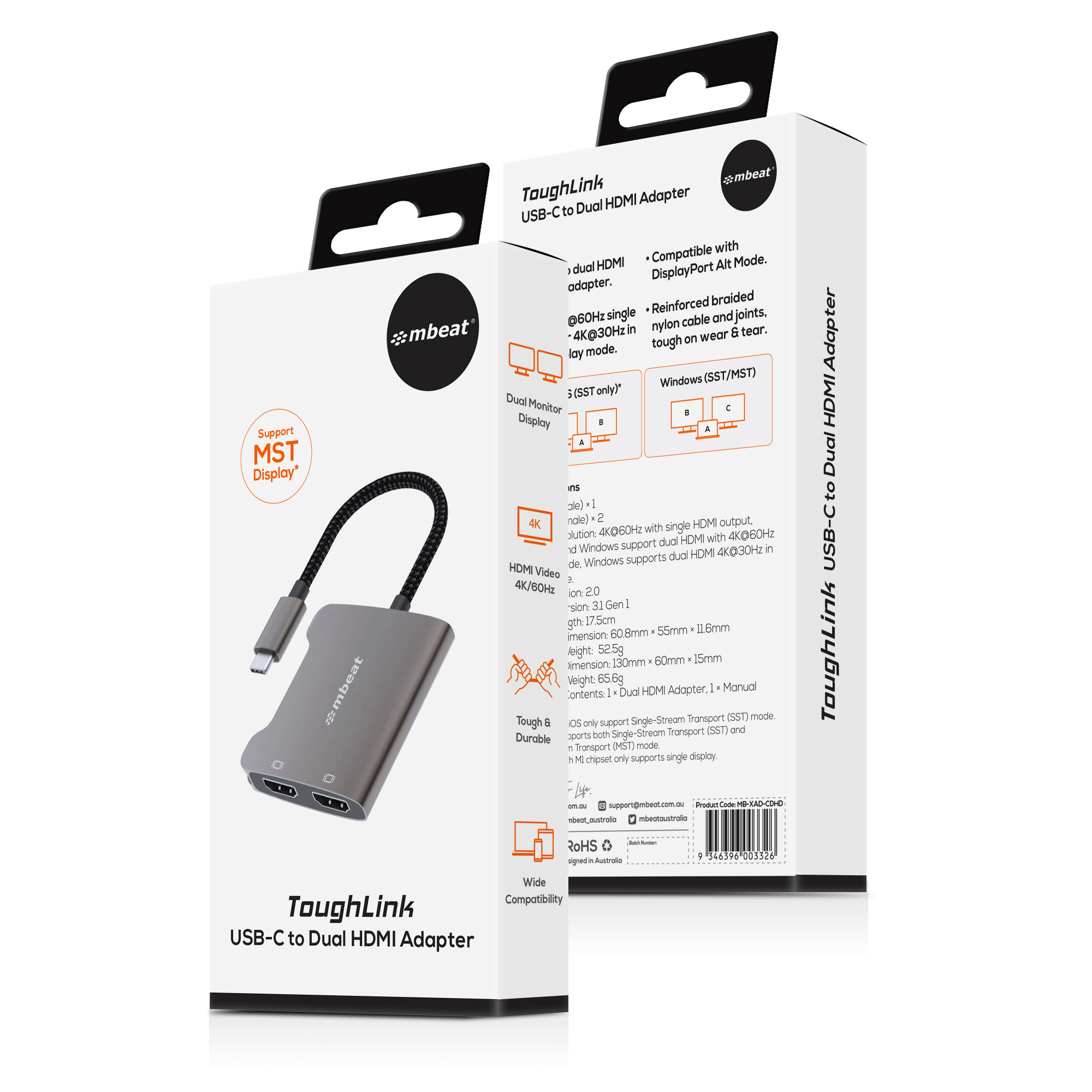 mbeat® Tough Link USB-C to Dual 4K HDMI Adapter DisplayPort Alt Mode HDMI USB-C Cable Legnth 17.5cm - Space Grey - Image 4